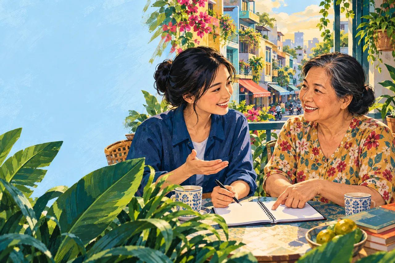 Minh họa một tình nguyện viên và người dân cùng trao đổi để chọn bước hỗ trợ phù hợp